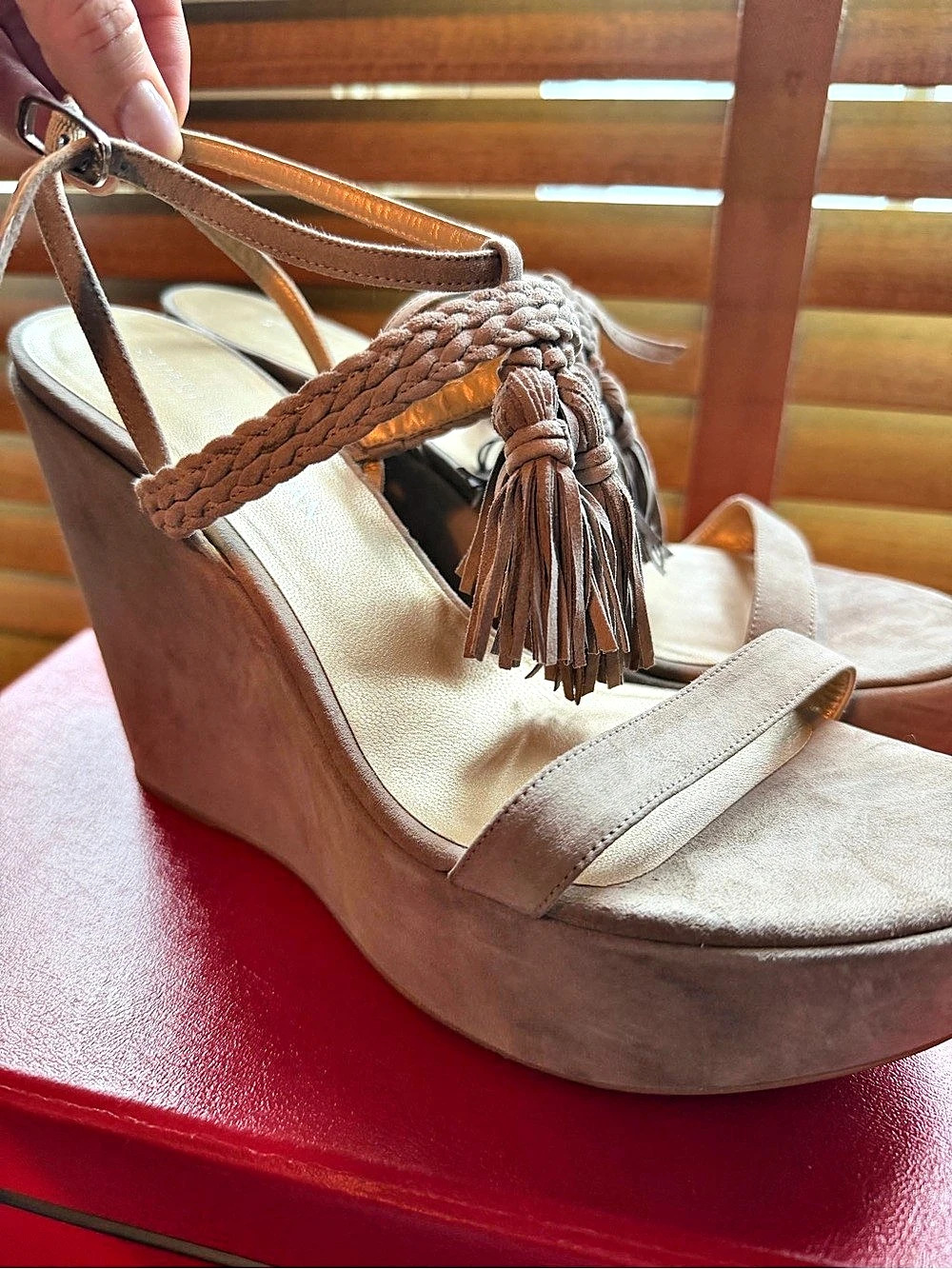 Stuart Weitzman Tasselmania Wedge Sandal Sandals in grey/taupe